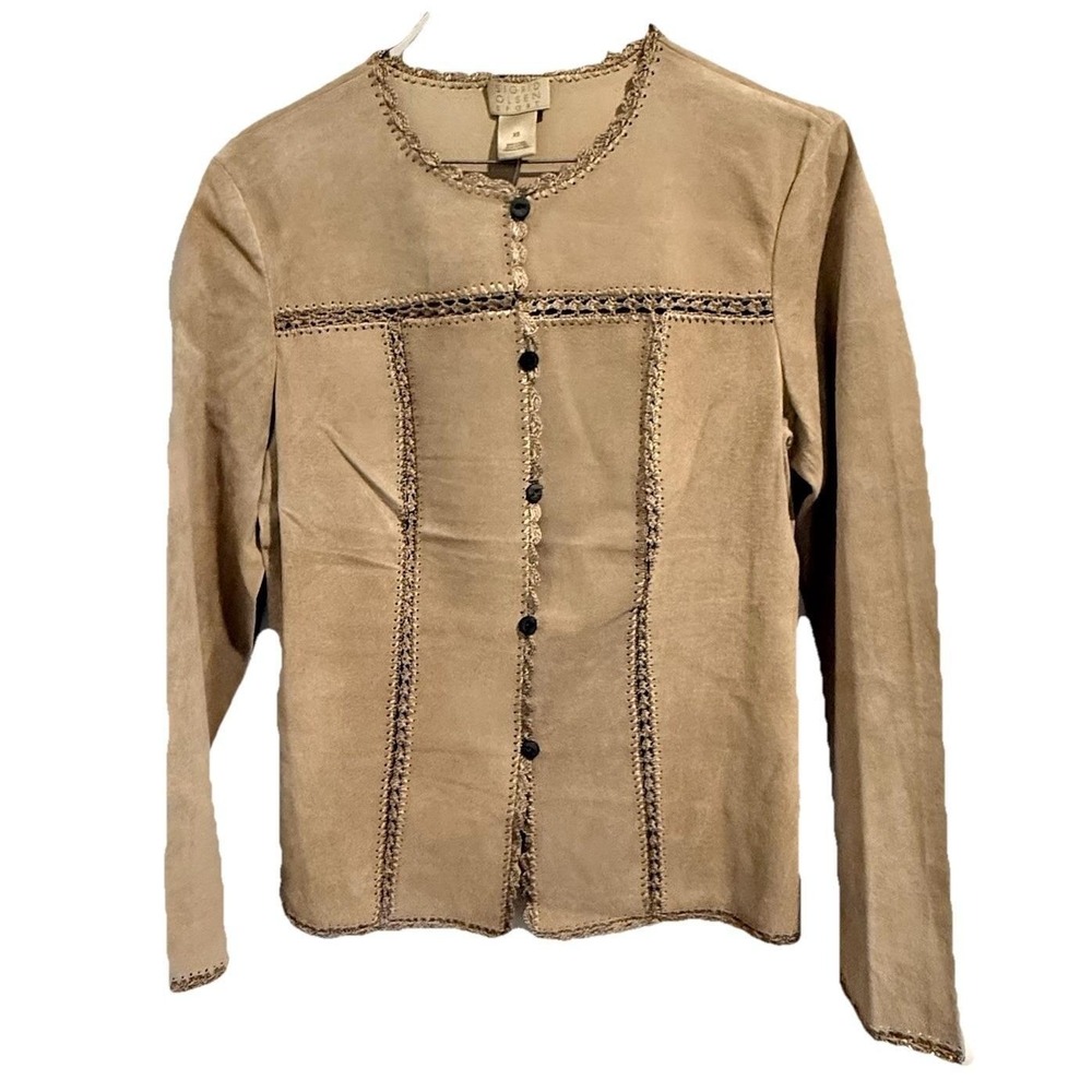 Sigrid Olsen Sports 100% Suede Crochet Trim Long Sleeve Crew Neck Blazer Top XS